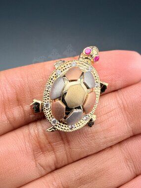 14K Tri Color Gold cubic zirconia Turtle Pendant